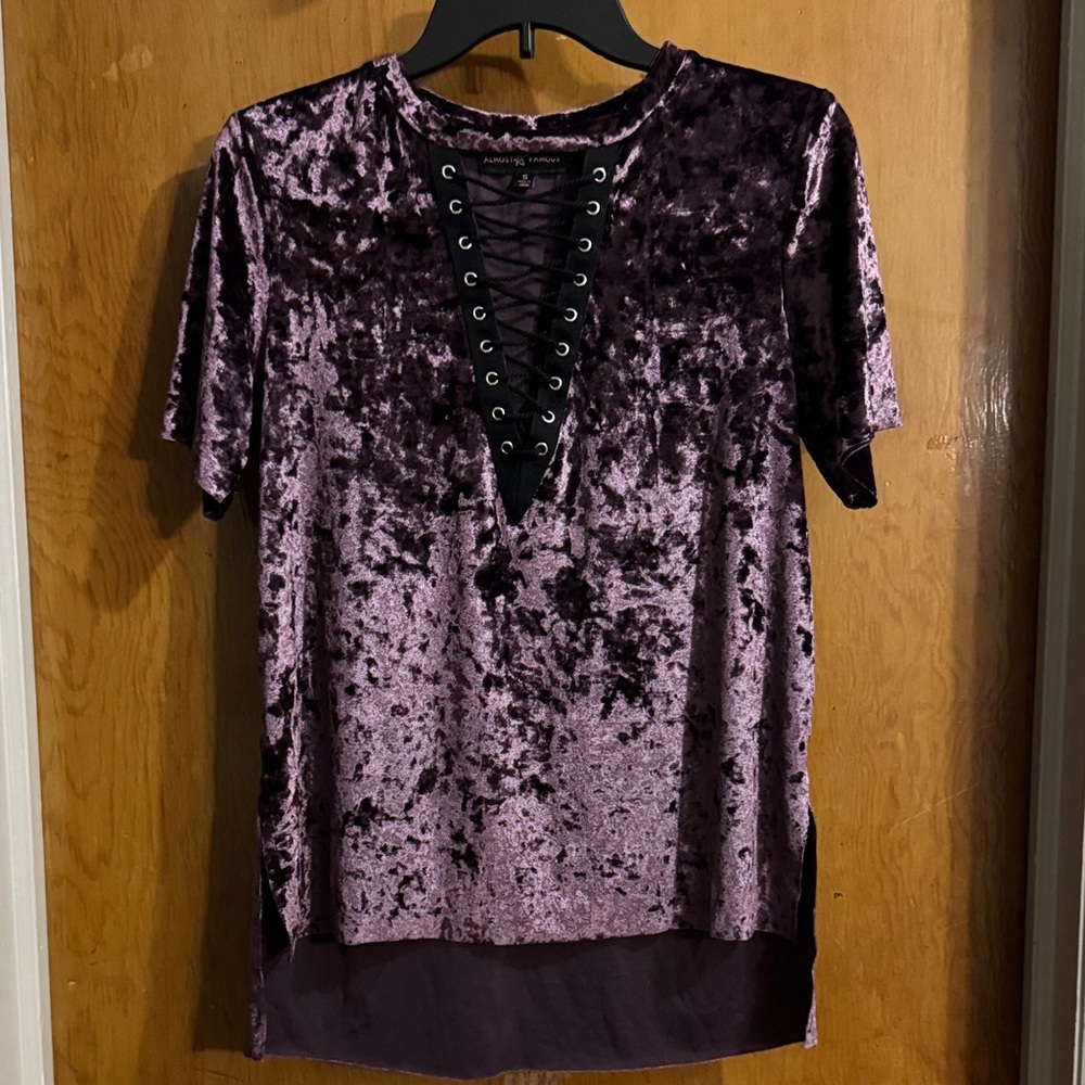 Almost Famous Velvet Lace-Up Short Sleeve Top - Purple